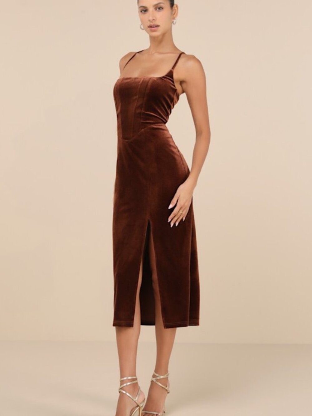 Lulus Gorgeous Composure Brown Velvet Lace-up Sleeveless Midi Dress - Size M
